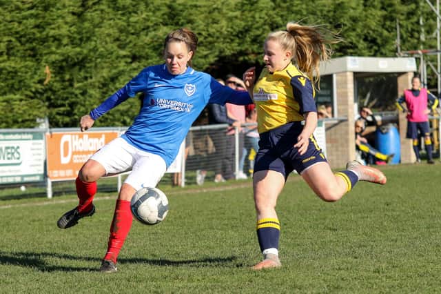 Action from Pompey's 4-1 win at Moneyfields in the semi-final of the 2018/19 Portsmouth & District FA Women's Senior Cup semi-final. Pic: Jordan Hampton.