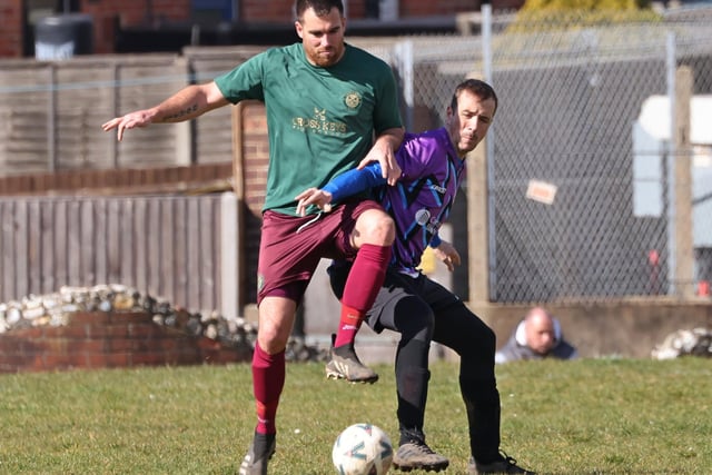 Action from the City of Portsmouth Sunday League Division Four match between Cross Keys Athletic (green shirts) and Al's Bar. Picture: Kevin Shipp