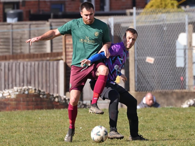 Action from the City of Portsmouth Sunday League Division Four match between Cross Keys Athletic (green shirts) and Al's Bar. Picture: Kevin Shipp