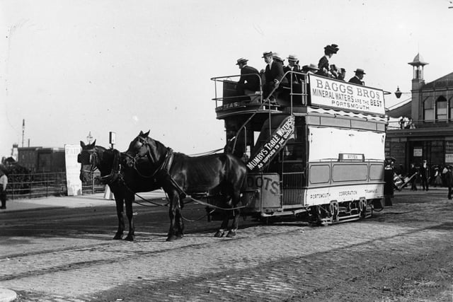 1901: A horse-drawn tram at the Clarence Pier Terminal in Portsmouth. (Photo by Hulton Archive/Getty Images)