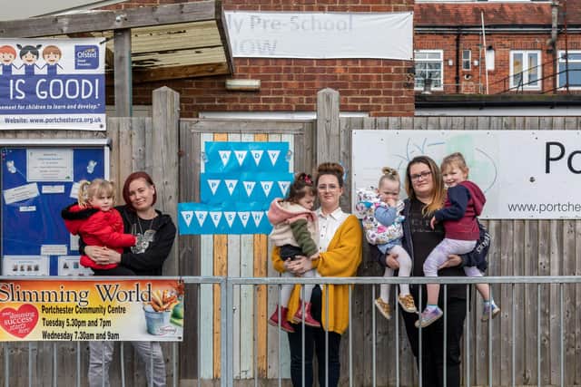 Parents and children affected by the closure of the Andy Pandy Preschool in Portchester. Pictured: Arya Etherington (3) with mum Amber Sims (40), Dolly Oâ€™Reilly (2) with mum Sadie Ryan (28) and Daisy Larvin (2) and Avery Larvin (4) with mum Becki Larvin (32). Picture: Mike Cooter (06042023)