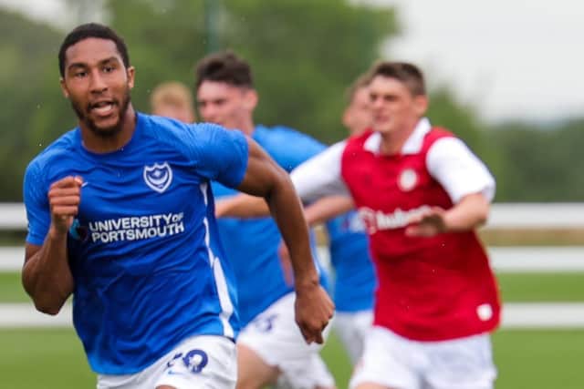 Terell Thomas in action for Pompey against Bristol City during pre-season, one of three outings as a triallist. Picture: Rogan/Fever Pitch