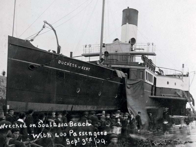 The paddle steamer Duchess of Kent beached at the Hot Walls, Old Portsmouth, in September 1909after a collision in the Solent. Built in 1897, this paddler survived to be requisitioned for war service by the Royal Navy in 1916 and returned to the Solent crossing until she was sold in 1933. Picture: Paul Costen collection