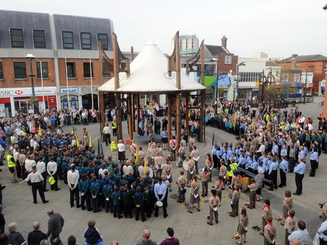 Fareham and District Scouts  annual St Georges Day Parade in West Street Fareham
