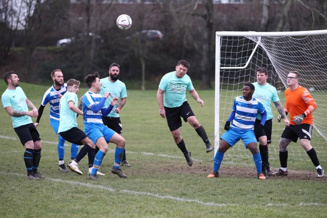 AC Copnor (blue/white hoops) v Old Boys Athletic. Picture: Stuart Martin