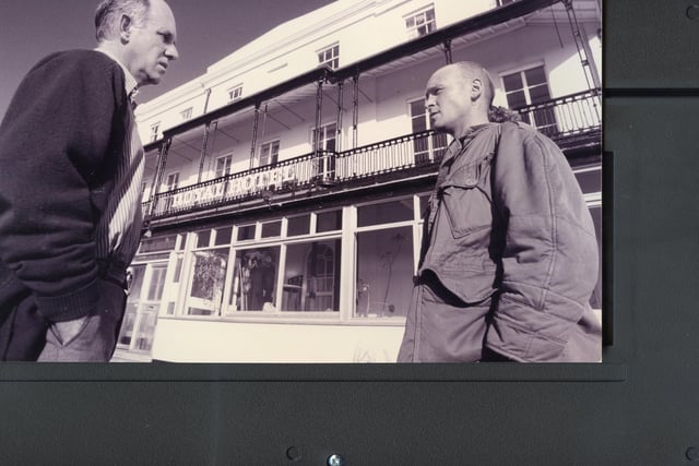 Dave White (right), who is a sitting tenant at the hotel discusses the problem surrounding the closure of the hotel with Hayling Island councillor, Steve van Hagen, 1995. The News PP5368
