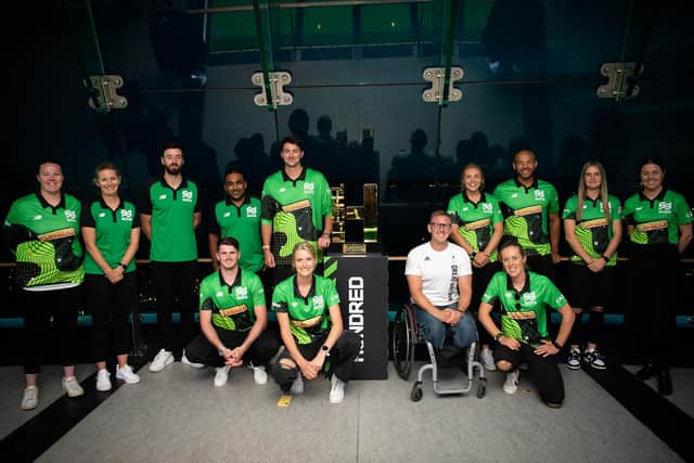 Southern Brave players and staff. Back (from left) Anya Shrubsole, Charlotte Edwards (coach), James Vince, Mahela Jayawardene, Tim David, Tara Norris, Tymal Mills, Paige Scholfield, Molly Strano. Front: George Garton, Lauren Bell, Aaron Phipps, Georgia Adams. Picture by Dave Vokes