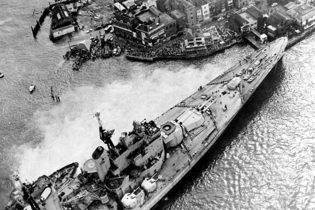 HMS Vanguard aground in Portsmouth Harbour 60 years ago today, August 4, 1960. Picture: Roy West PP5336