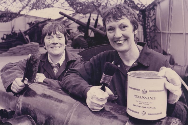 Fort Nelson prepares to open for the 1993 season of display and events, members of Palmerston Fort Society Rose Whitlock (left) and Joan Price have been busy polishing some of the artillery peices, 1993. The News PP5733