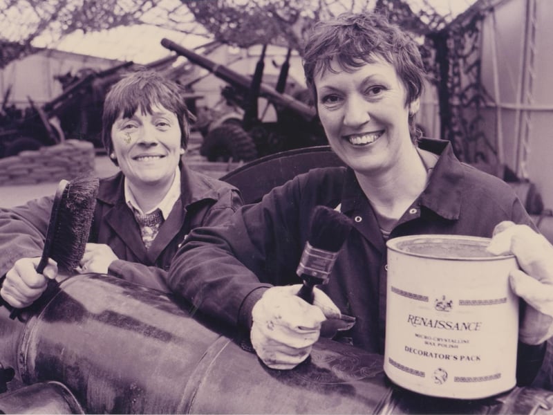 Fort Nelson prepares to open for the 1993 season of display and events, members of Palmerston Fort Society Rose Whitlock (left) and Joan Price have been busy polishing some of the artillery peices, 1993. The News PP5733