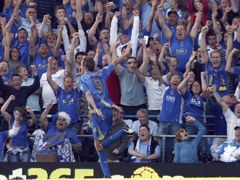 Peter Crouch celebrates scoring against Tottenham at Fratton Park in September 2008. Photo by Ian Kington/AFP via Getty Images