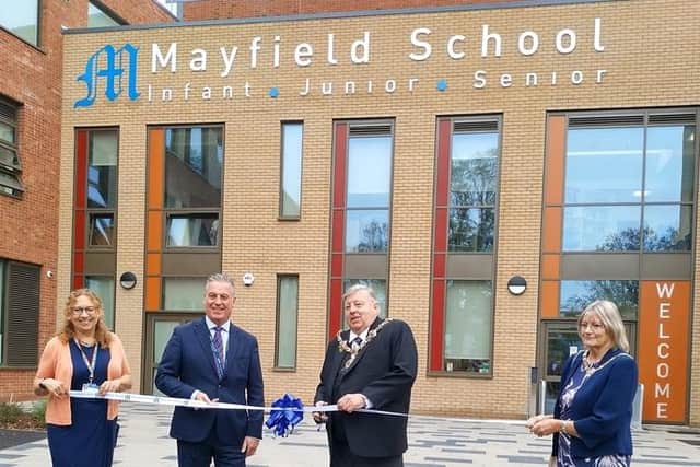 Cllr Suzy Horton, David Jeapes, Lord Mayor Frank Jonas and Lady Mayoress Joy Maddox opening Mayfield School's new building