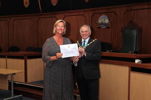 Cllr Jamie Hutchison, right, with Lesley Weatherson - a British Sign Language interpreter who received an award for working tirelessly during the pandemic to support deaf and deafblind people, giving them access to crucial healthcare information