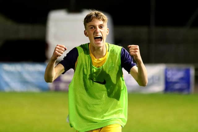 Gosport under-18s player Callum Mann celebrates the win over Cheltenham Saracens in the last round of the FA Youth Cup. Picture: Tom Phillips
