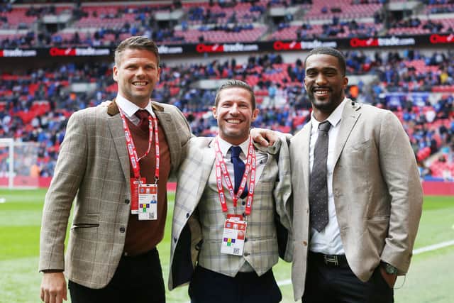 David Norris joins fellow former Pompey favourites Hermann Hreidarsson and Sylvain Distin at Wembley for the Checkatrade Trophy final in March 2019. Picture: Joe Pepler