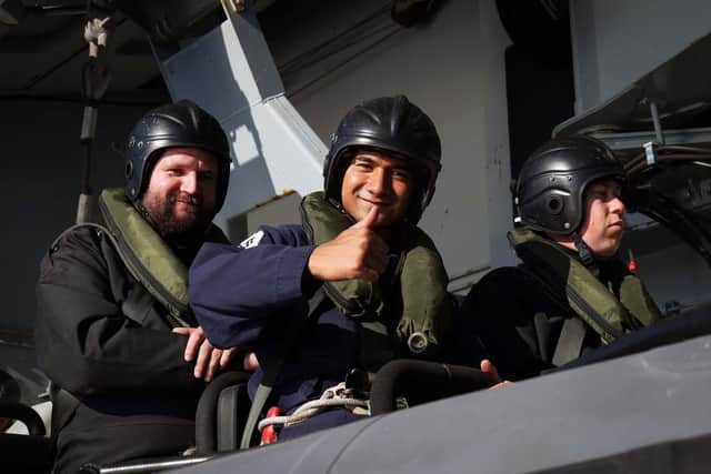Sailors from HMS Duncan prepare to visit ESPS Mendez Nunez in HMS Duncan's Starboard Sea boat. Picture: PO Phot Lee Blease.