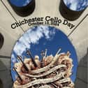 Cello Day poster. Image looking up at the sky to see a heavenly cloud of musical instruments