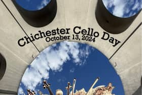 Cello Day poster. Image looking up at the sky to see a heavenly cloud of musical instruments