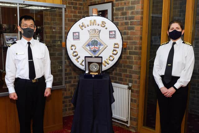 Lieutenant Commander Noriaki Mukaigawa from the Japan Maritime Self-Defence Force, left, pictured with Captain Catherine Jordan, commanding officer at HMS Collingwood, as he became the first Japanese naval officer to join a mine warfare course at the Fareham naval establishment. Photo: Royal Navy