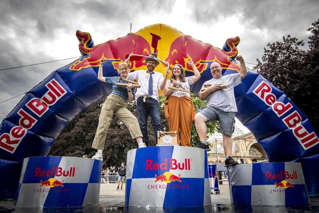 Fareham-based winners Go Go Gadget Soapbox posing for a portrait at the Red Bull Soapbox Race in London. Leo Francis / Red Bull Content Pool.