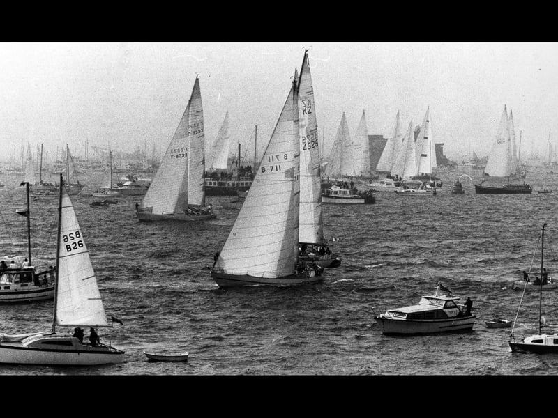 The yachts for the Round the World race pictured waiting off Southsea before the race, 1981. The News PP4546