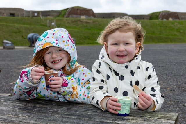 Families braved the cold on Tuesday (April 2) to take advantage of amazing free entertainment at Fort Nelson, with Easter egg hunts and falconry displays. Pictured - Daisy Jeffrey, 6 and Winter Jeffrey, 4, enjoying an ice cream.