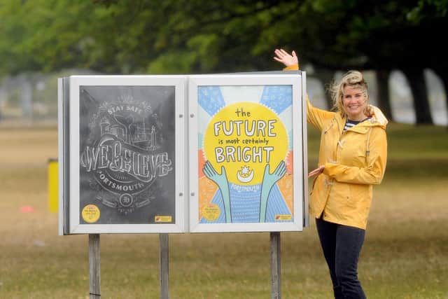 Billie Coe, organiser of the project, with some of the boards in Southsea. Picture: Sarah Standing