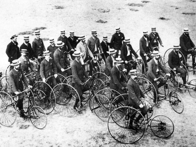 Members of the Southsea Tricycle Club on Southsea Common in 1888.