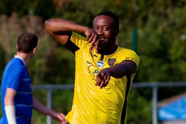 Junior Kamara has just scored for Infinity in their 6-1 Hampshire Premier League win against Liss. Pic: Kevin Steele.
