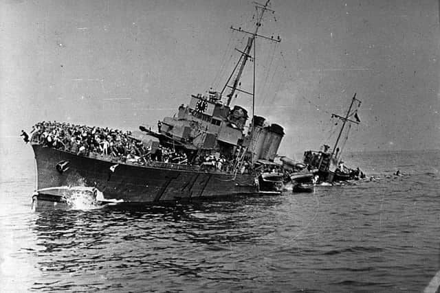 French destroyer Bourrasque sinking after hitting a mine on the way back from Dunkirk, with some 1200 men aboard, many of whom died (Photo: Hulton Archive/Getty Images)