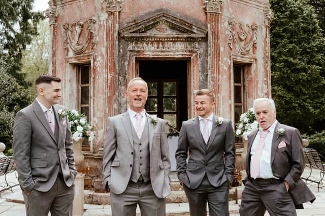 David Verity with his friends and family on his wedding day at The Larmer Tree Gardens.
Pictures: Carla Mortimer Wedding Photography