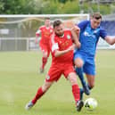 Jason Parish (blue) in action for Baffins in the 2018/19 Wessex League Cup final against Portland. Parish is unlikely to figure for Rovers in Tuesday's semi-final at Andover Town due to injury.

Picture: Sarah Standing