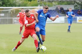 Jason Parish (blue) in action for Baffins in the 2018/19 Wessex League Cup final against Portland. Parish is unlikely to figure for Rovers in Tuesday's semi-final at Andover Town due to injury.

Picture: Sarah Standing