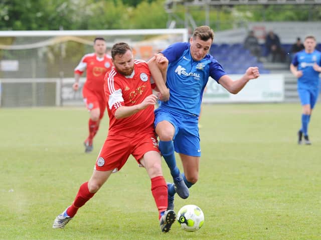 Jason Parish (blue) in action for Baffins in the 2018/19 Wessex League Cup final against Portland. Parish is unlikely to figure for Rovers in Tuesday's semi-final at Andover Town due to injury.

Picture: Sarah Standing