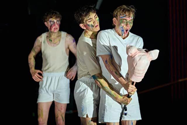 Cal O'Driscoll, Tucker St Ivany and Riley Woodford in Lord of The Flies at Chichester Festival Theatre, September 19-October 11, 2025. Picture: Manuel Harlan