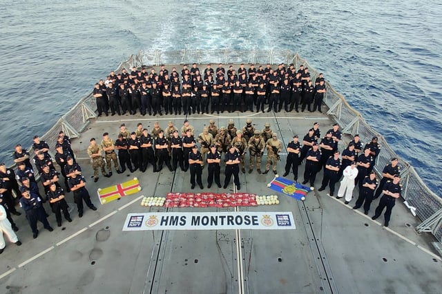 HMS Montrose, a Duke-class Type-23 frigate, seized 90kg of heroin with an estimated UK street value of £1.8m on May 5, 2022. The frigate pounced on the stateless dhow and seized the illegal narcotics in a nine hour operation. Numerous sacks of Class A drugs were found.