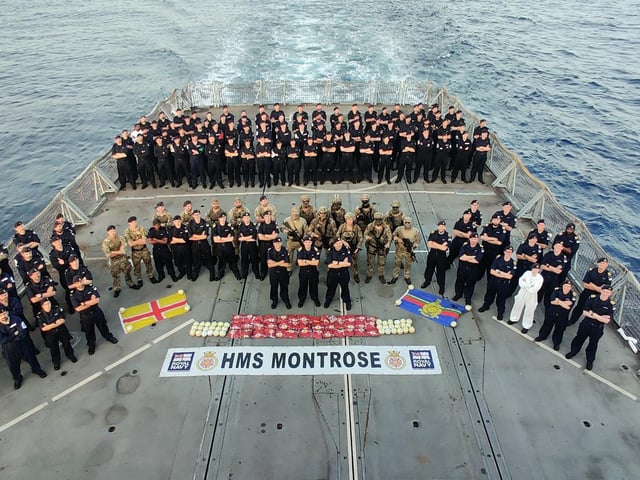 HMS Montrose, a Duke-class Type-23 frigate, seized 90kg of heroin with an estimated UK street value of £1.8m on May 5, 2022. The frigate pounced on the stateless dhow and seized the illegal narcotics in a nine hour operation. Numerous sacks of Class A drugs were found.