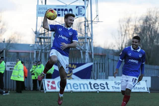 Matt Tubbs celebrates after completing his hat-trick for Pompey at Cambridge in February 2015. Tubbs has recently signed for Wessex Premier League club Bashley who visit Moneyfields on Tuesday.