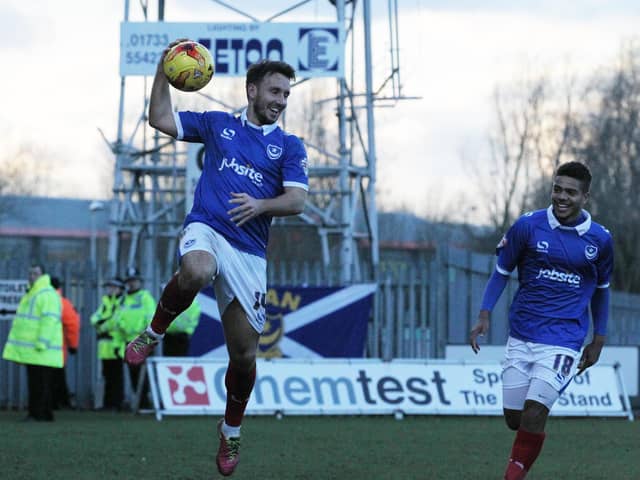 Matt Tubbs celebrates after completing his hat-trick for Pompey at Cambridge in February 2015. Tubbs has recently signed for Wessex Premier League club Bashley who visit Moneyfields on Tuesday.