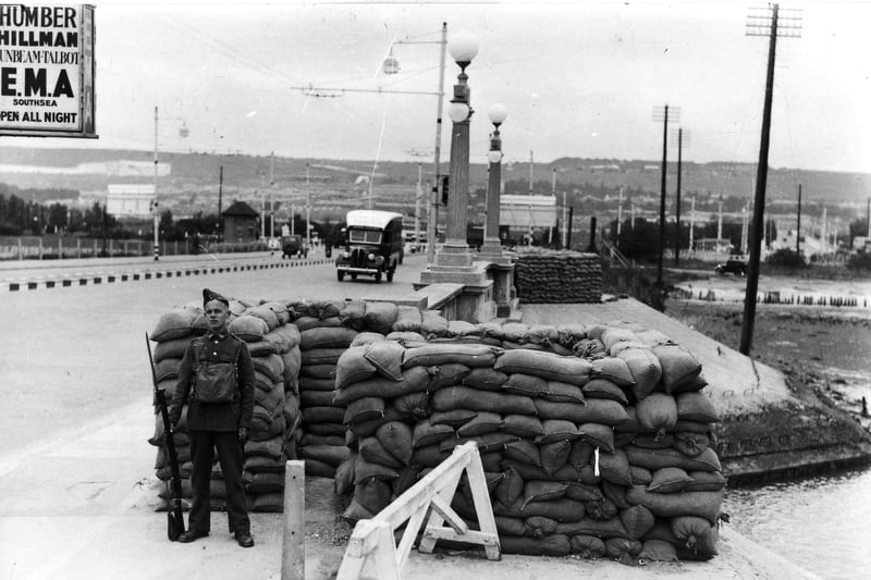 Sentry on guard at Portsbridge - a solider with bayonet fixed guarding the entrance to Portsmouth at Hilsea in 1939.