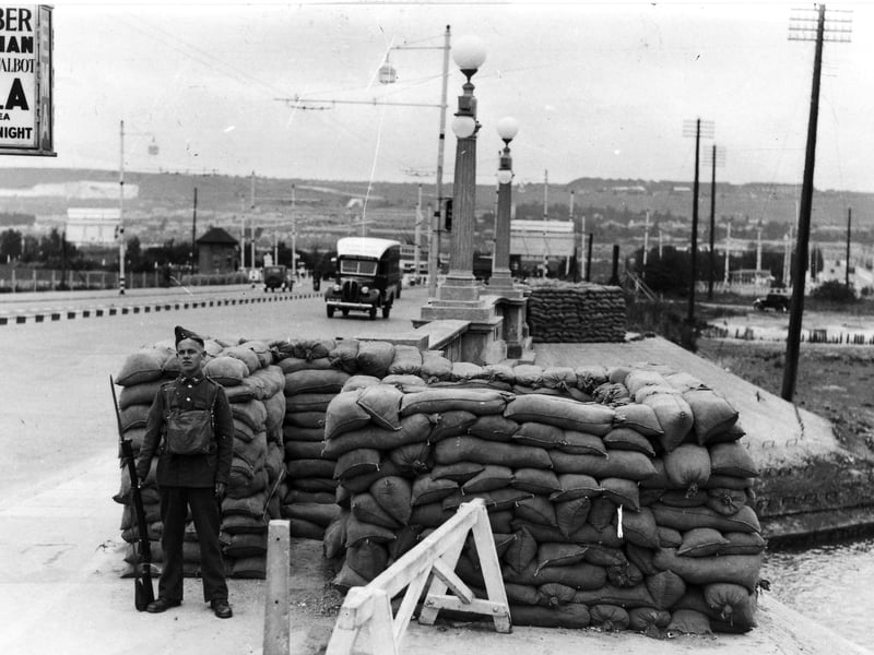 Sentry on guard at Portsbridge - a solider with bayonet fixed guarding the entrance to Portsmouth at Hilsea in 1939.