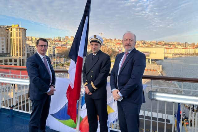 Jean Mac Roue, Christophe Mathieu and Cdt Christophe Bergeroux from Brittany Ferries
