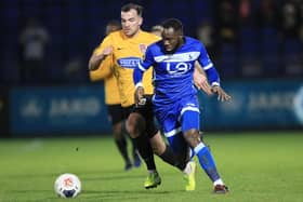 Mitch Brundle, left, in action for Dagenham & Redbridge in 2019. He has just become the youngest manager in the top seven tiers of English football at Dover. Mark Fletcher/MI News.