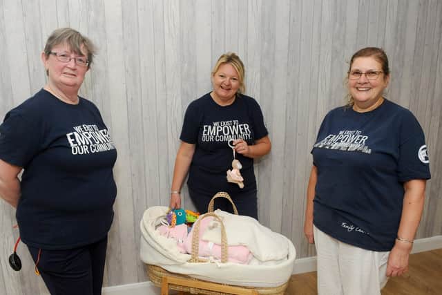 Baby Basics Portsmouth, based at the Empower Centre in Portsmouth, runs a volunteer-led Portsmouth baby bank which works with health care professionals who refer mums who cannot afford items for their new baby and provide them with a hamper of goods.Pictured is: (l-r) Dawn Ferrett, volunteer, Diane Urquhart, manager and Penny Arnold, volunteer.Picture: Sarah Standing (110820-2469)
