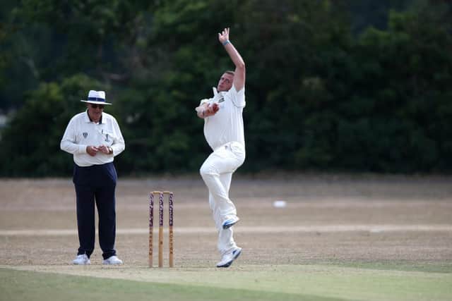 Blake Barnwell bowling for Fareham & Crofton against Bedhampton Mariners. Picture: Chris Moorhouse
