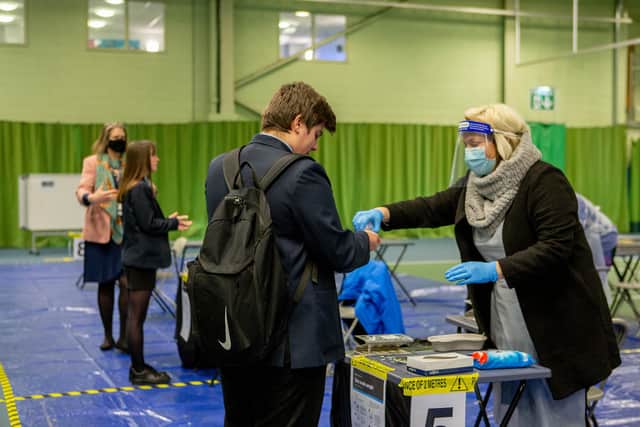 Pupils return to Priory School, Portsmouth after some lockdown restrictions have been lifted on 8 March 2021
Pictured: Dylan Evans having a Covid test done at the school Hall. Picture: Habibur Rahman