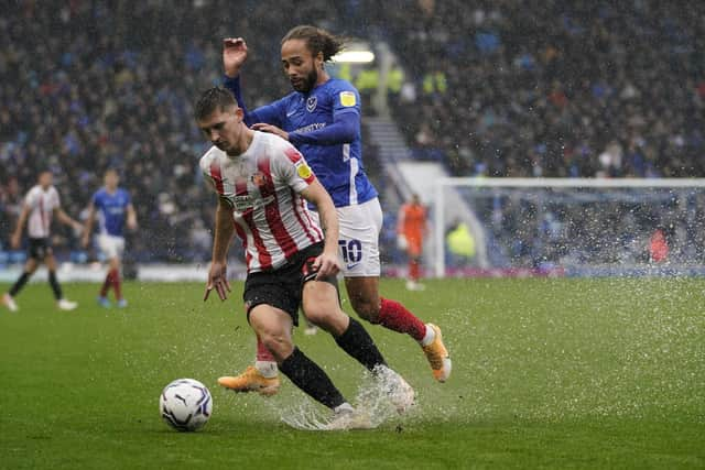 Marcus Harness puts Sunderland defender Dennis Cirkin under pressure in Saturday's 4-0 Pompey win. Picture: Jason Brown/ProSportsImages