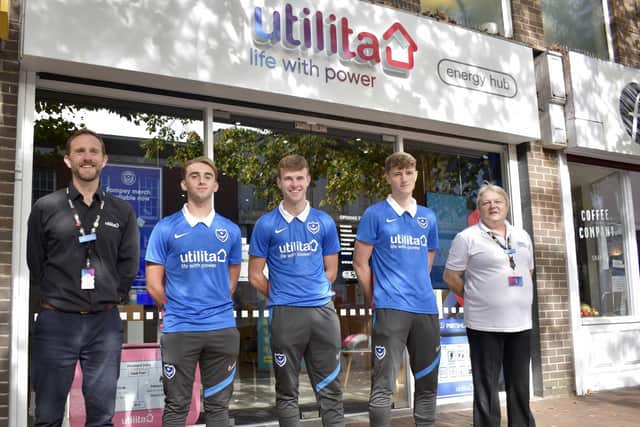 Retail manager Robert Tait with Pompey Academy players Charlie Bell, Harvey Rew and Harry Anderson, and Lorraine Charley, Utilita team leader at Utilita’s Gosport Hub. Picture supplied by Portsmouth FC. 