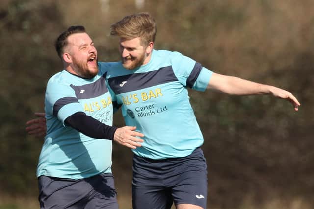 Al's Bar celebrate a goal against Saturn Royale. Picture: Kevin Shipp
