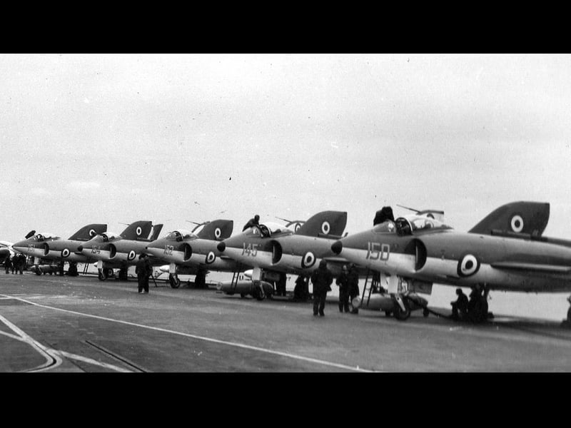 HMS Victorious fighting planes. Sea Venoms and Scimitars in 1958.